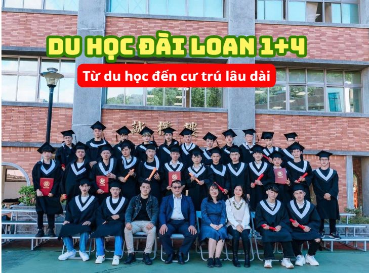 Hình minh họa lộ trình du học Đài Loan hệ 1+4 dành cho học sinh Việt Nam, bao gồm các giai đoạn học tiếng, học đại học, tìm việc, chuyển đổi sang diện cư trú lao động và xin cư trú lâu dài (APRC) theo quy định mới nhất năm 2026.